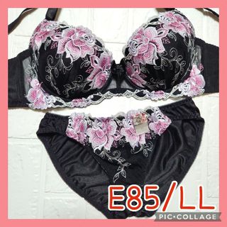 新品未使用 ブラジャーショーツセット E85/LL 922001 黒 花柄刺繍(ブラ&ショーツセット)