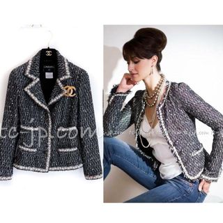 シャネル(CHANEL)のシャネル ジャケット CHANEL ブラック 黒系 コットン ウール フリンジ トリム 東京コレ ツイード 超美品 38(テーラードジャケット)