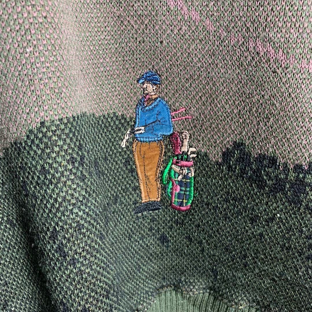 ニット レトロデザイン 刺繍 ゴルフ グリーンカラー 緑 古着】の ニット レトロデザイン 刺繍 ゴルフ グリーンカラー 緑 古着】の