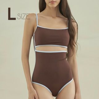 パイピング ワンピース スイムウェア L ブラウン ブルー 新品未使用 美品(水着)