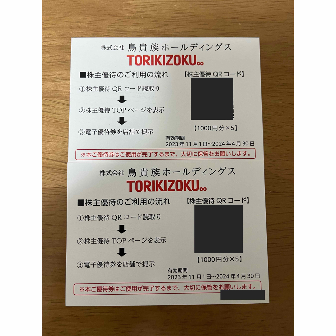 鳥貴族　株主優待券　10000円分（1000円分×5 x2セット） チケットの優待券/割引券(レストラン/食事券)の商品写真