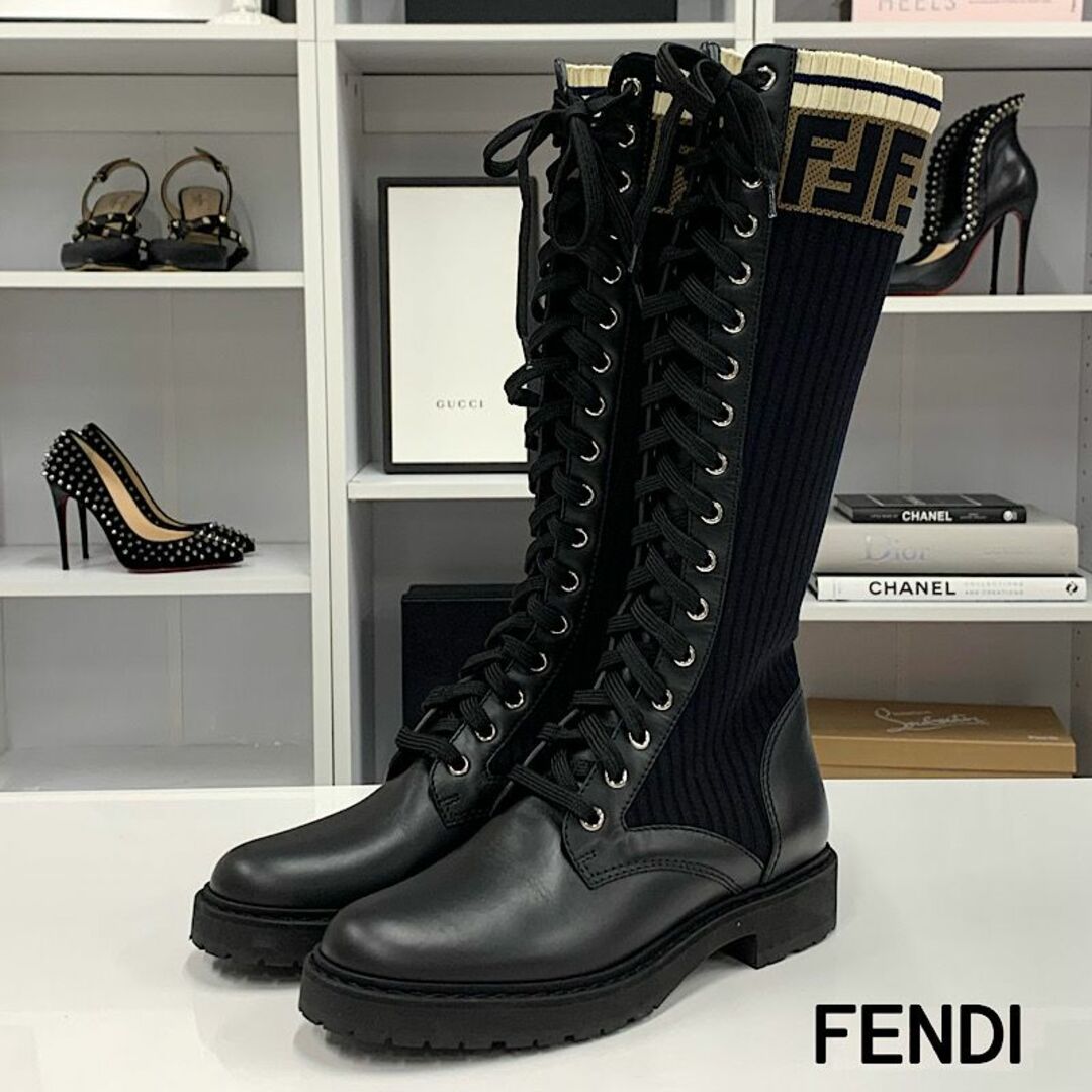 FENDI(フェンディ)の8630 フェンディ レザー ニット ズッカ レースアップ ロングブーツ レディースの靴/シューズ(ブーツ)の商品写真