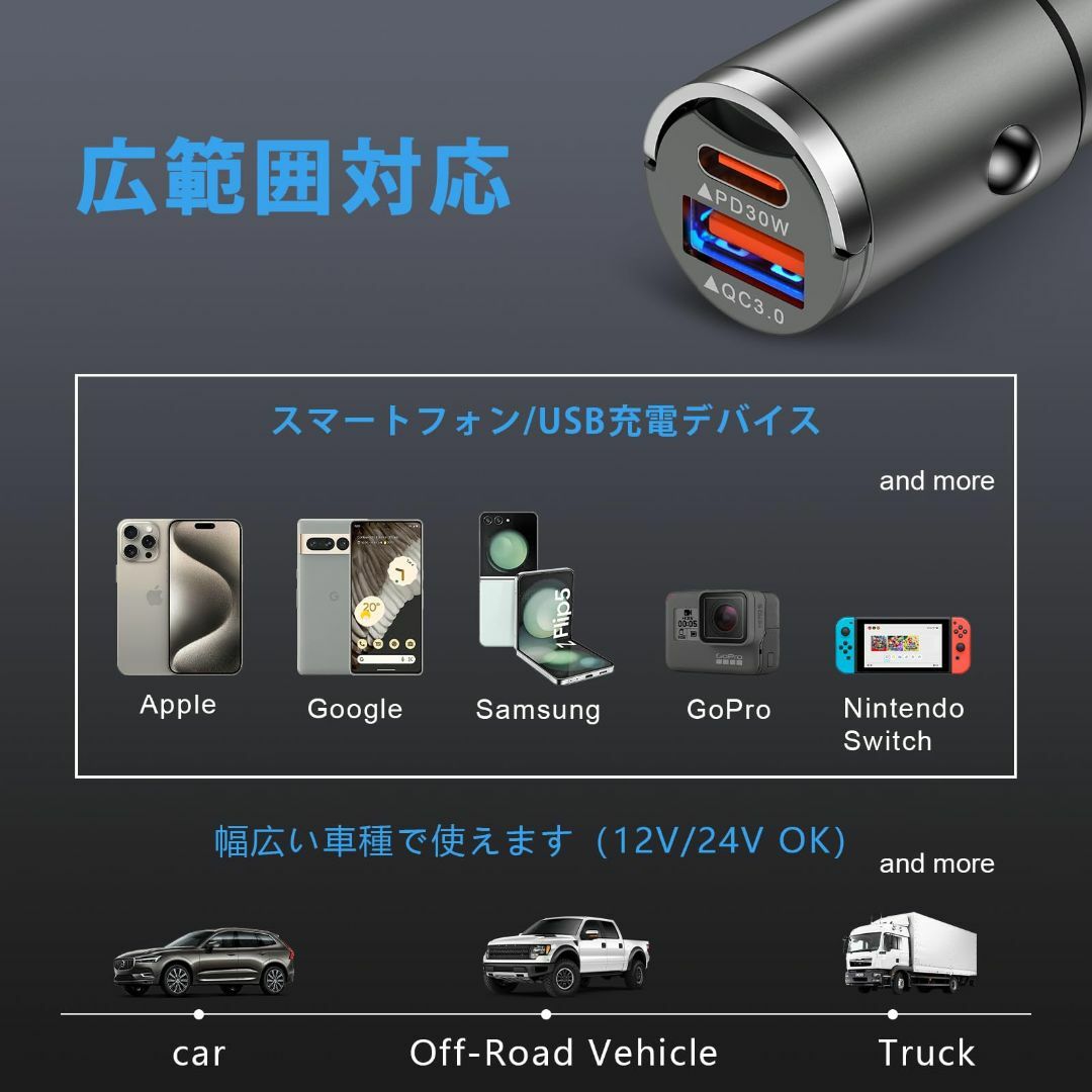 【色: グレー】シガーソケット 30W 急速充電 PD/QC対応 全金属 軽量  スマホ/家電/カメラのスマホアクセサリー(その他)の商品写真