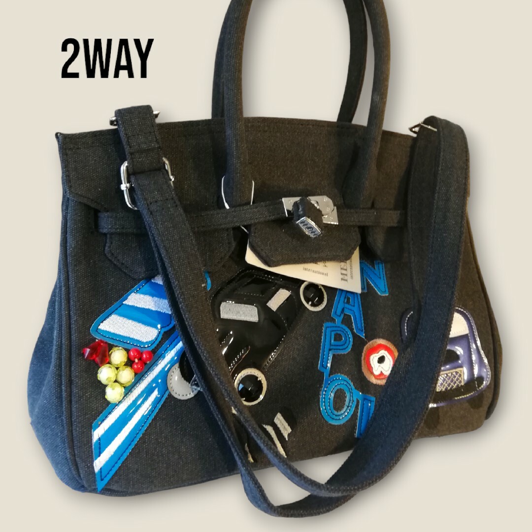 ブラック デニム トート ショルダー  バック2way unisex  3Dロゴ レディースのバッグ(トートバッグ)の商品写真