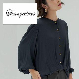 ラウンジドレス(Loungedress)の羽織りにも！前開きプチバンドカラー／とろみフロントギャザーブラウス ブラック(シャツ/ブラウス(長袖/七分))