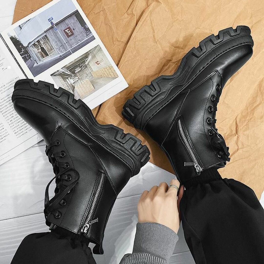 27.5cm/10cmUPシークレットブーツシューズ厚底メンズジップ革靴韓国男性 メンズの靴/シューズ(ブーツ)の商品写真