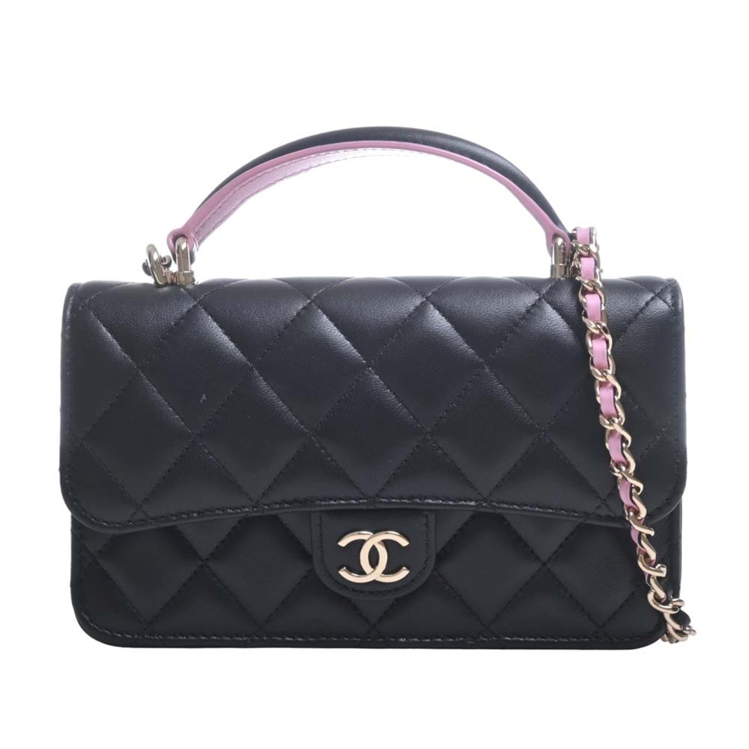 バッグCHANEL シャネル ラムスキン マトラッセ ココマーク トップハンドル フラップ フォンケース チェーン ショルダーバッグ - ブラック/ピンク by