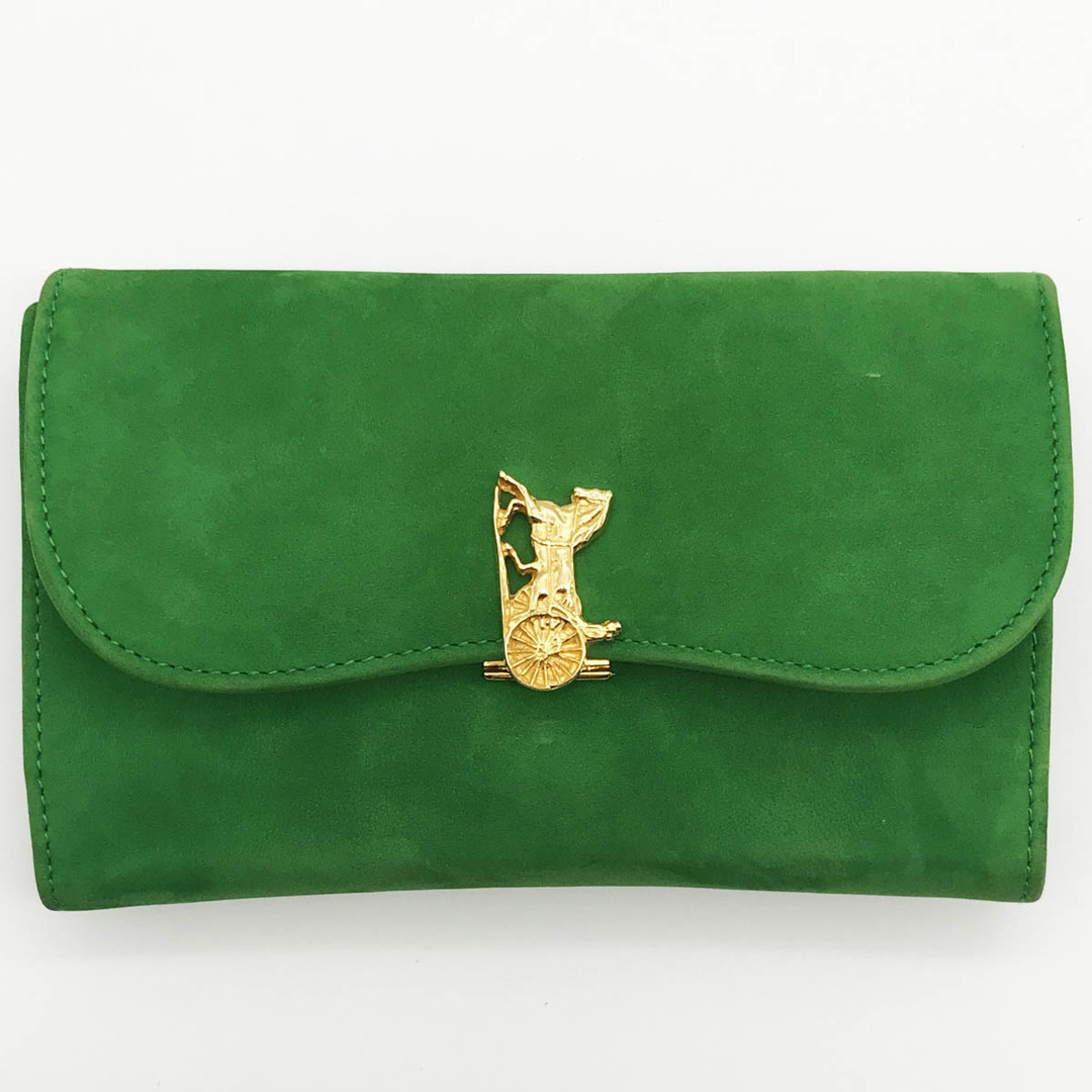 CELINE - 中美品 CELINE セリーヌ 三つ折り財布 財布 馬車金具 馬車 グリーン スウェード レディース ファッション 小物 ヴィンテージ レア USED 【中古】