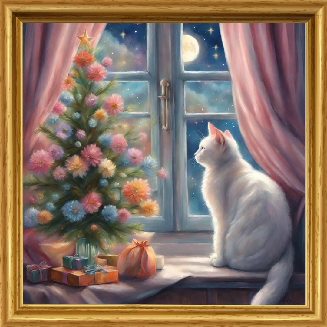 猫 クリスマスツリー 白猫 絵 イラスト 絵画 L版の通販 by 猫 クリスマスツリー 白猫 絵 イラスト 絵画 L版の通販 by