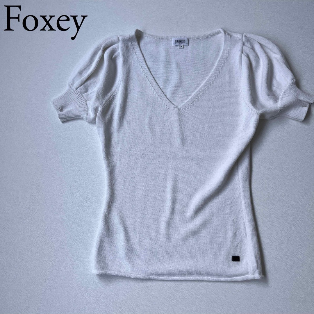 Foxey フォクシー　ニット　半袖　セーター　ロゴプレート