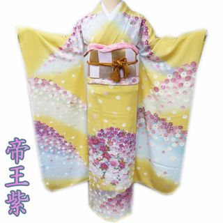 特選 振袖 着物 中古 リサイクル 正絹 袷 縮緬地 ちりめん 金駒刺繍 花模様 帝王紫 梔子色 多色 金 身丈161cm 裄67cm M きもの北條 A959-9(着物)