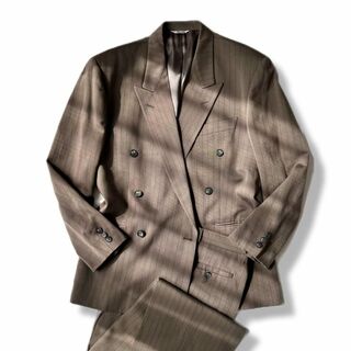 クリスチャンディオール(Christian Dior)のイタリア製 ヴィンテージ セットアップ ダブル スーツ カーキ ストライプ 古着(セットアップ)