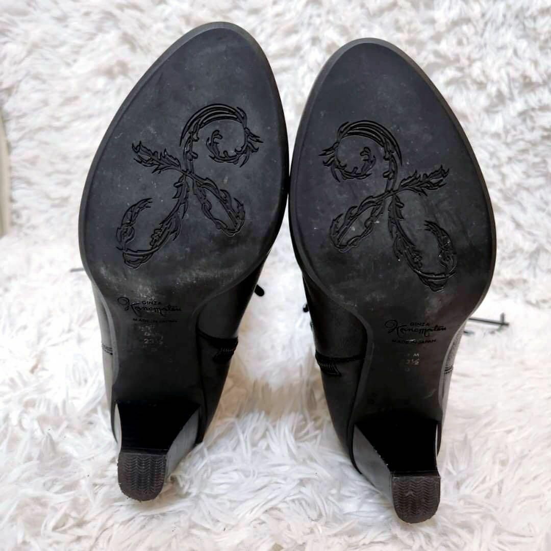 銀座かねまつ　レザー　本革　サイドジップ　リボン　ロングブーツ　太ヒール　黒 レディースの靴/シューズ(ブーツ)の商品写真