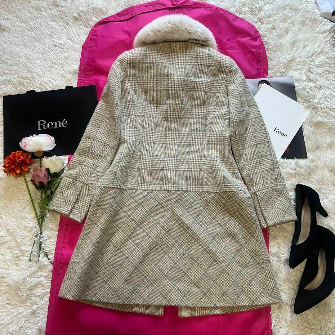 美品】Rene ロングコート フォックスファー TISSUE 36 チェック- 美品】Rene ロングコート フォックスファー TISSUE 36 チェック-