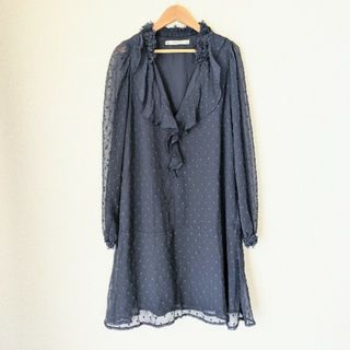 ザラ(ZARA)のZARAベーシック シースルー ワンピース チュニック 紺 美品 Sサイズ(ひざ丈ワンピース)