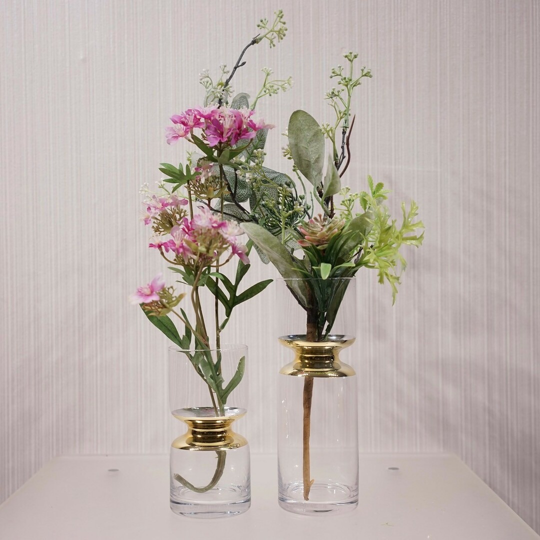フラワーベース 2個セット 造花付き 花瓶 ガラス オブジェのサムネイル