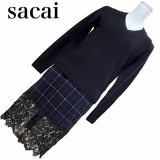 サカイ(sacai)の【美品】sacai ウール　ニット　ワンピース　ジップ　スカート　ドレス(ミニワンピース)