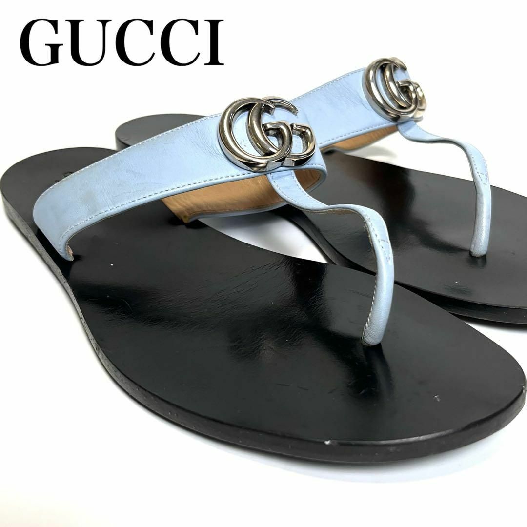 Gucci(グッチ)の【良品】グッチ　サンダル　マーモント　レザー　黒　ブラック　ゴールド　シューズ メンズの靴/シューズ(サンダル)の商品写真