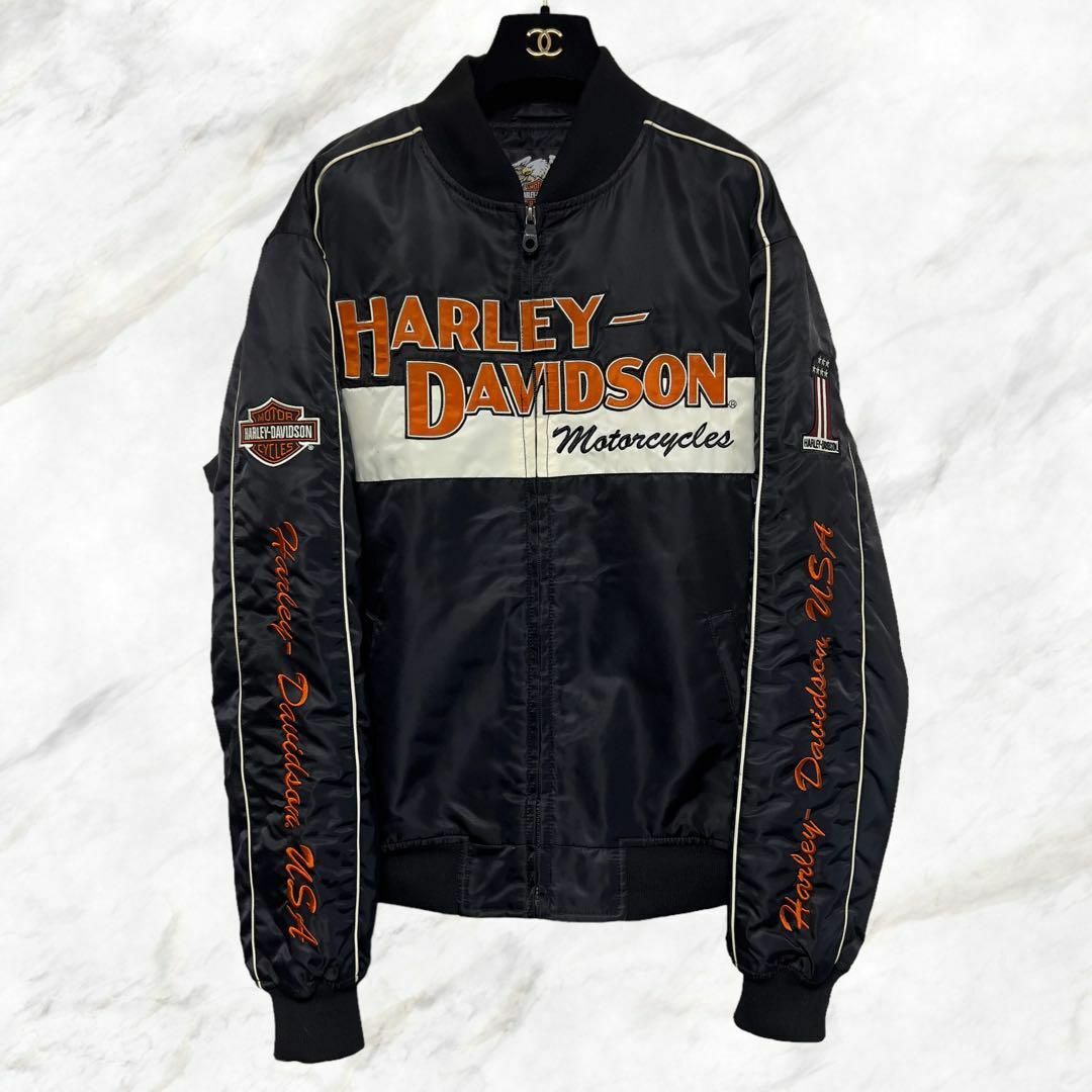 Harley Davidson(ハーレーダビッドソン)のハーレーダビッドソン 刺繍ロゴスタジャン L ブラック 黒 アウター バイク メンズのジャケット/アウター(ナイロンジャケット)の商品写真
