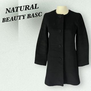 ナチュラルビューティーベーシック(NATURAL BEAUTY BASIC)のナチュラルビューティー★ノーカラーコート ハーフコート アンゴラブラック 【S】(チェスターコート)