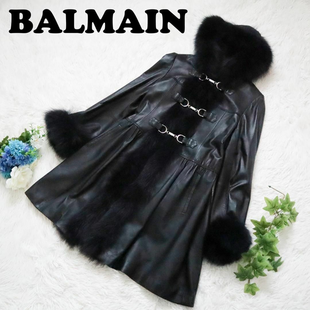 BALMAIN(バルマン)の【極美品】バルマン/BALMAIN レザーロングコート フォックスファー 羊革 レディースのジャケット/アウター(ロングコート)の商品写真