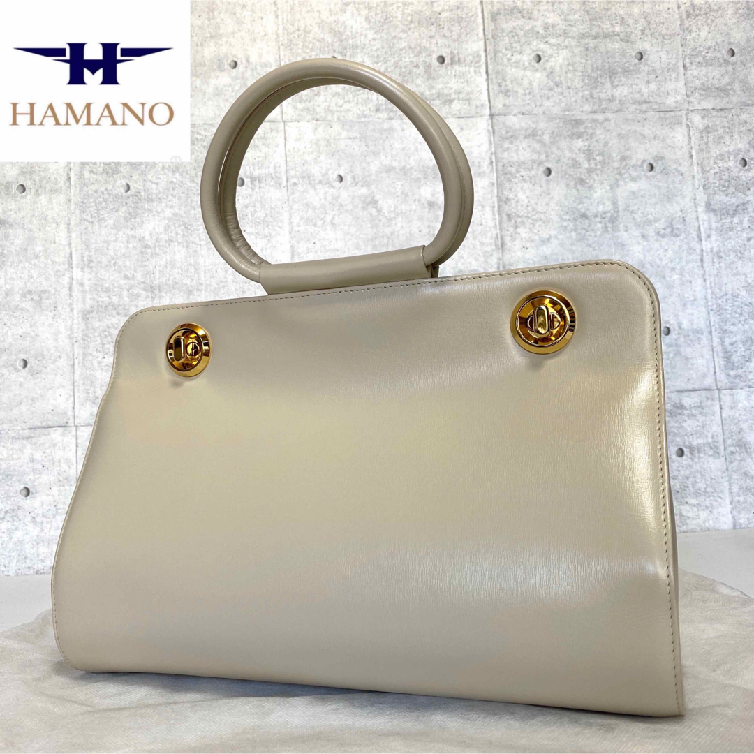 【未使用級】HAMANO カーフレザー オフホワイト ゴールド金具 ハンドバッグ