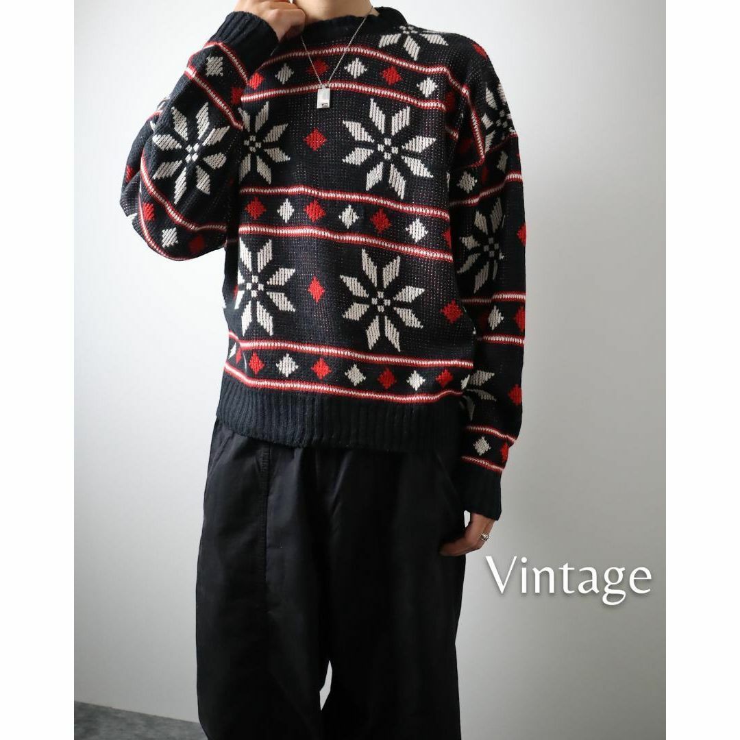 ART VINTAGE(アートヴィンテージ)の【vintage】ノルディック柄 クルーネック ニット セーター 黒 赤 白 メンズのトップス(ニット/セーター)の商品写真