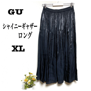 ジーユー(GU)のGU シャイニーギャザーロングスカート 黒 XL(ロングスカート)