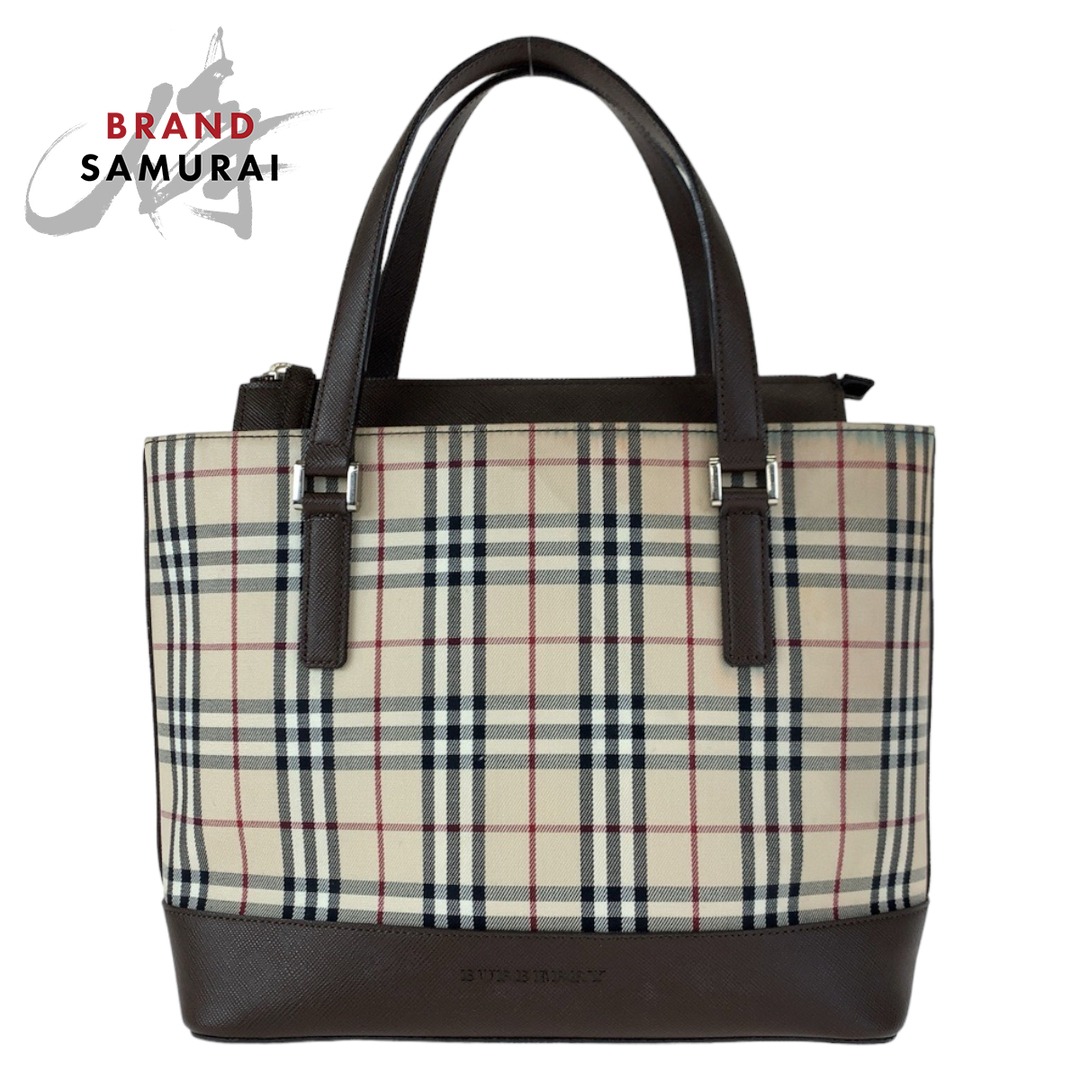 BURBERRY(バーバリー)のBURBERRY バーバリー ノバチェック ベージュ ブラウン 茶 キャンバス レザー ハンドバッグ トートバッグ レディース 404111 【中古】 レディースのバッグ(ハンドバッグ)の商品写真