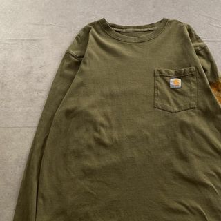 カーハート(carhartt)のCarhartt　カーハート　ロンT　ワンポケット　袖プリント　古着　カーキ　M(Tシャツ/カットソー(七分/長袖))