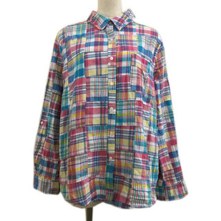 ランズエンド シャツ ブラウス カジュアル チェック 長袖 XL ピンク 水色(シャツ/ブラウス(長袖/七分))