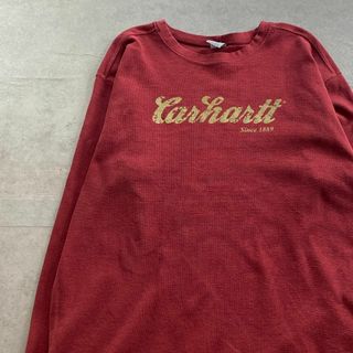 カーハート(carhartt)のカーハート　長袖カットソー　プリントロゴ　ブランドロゴ　古着　レッド　XL(Tシャツ/カットソー(七分/長袖))