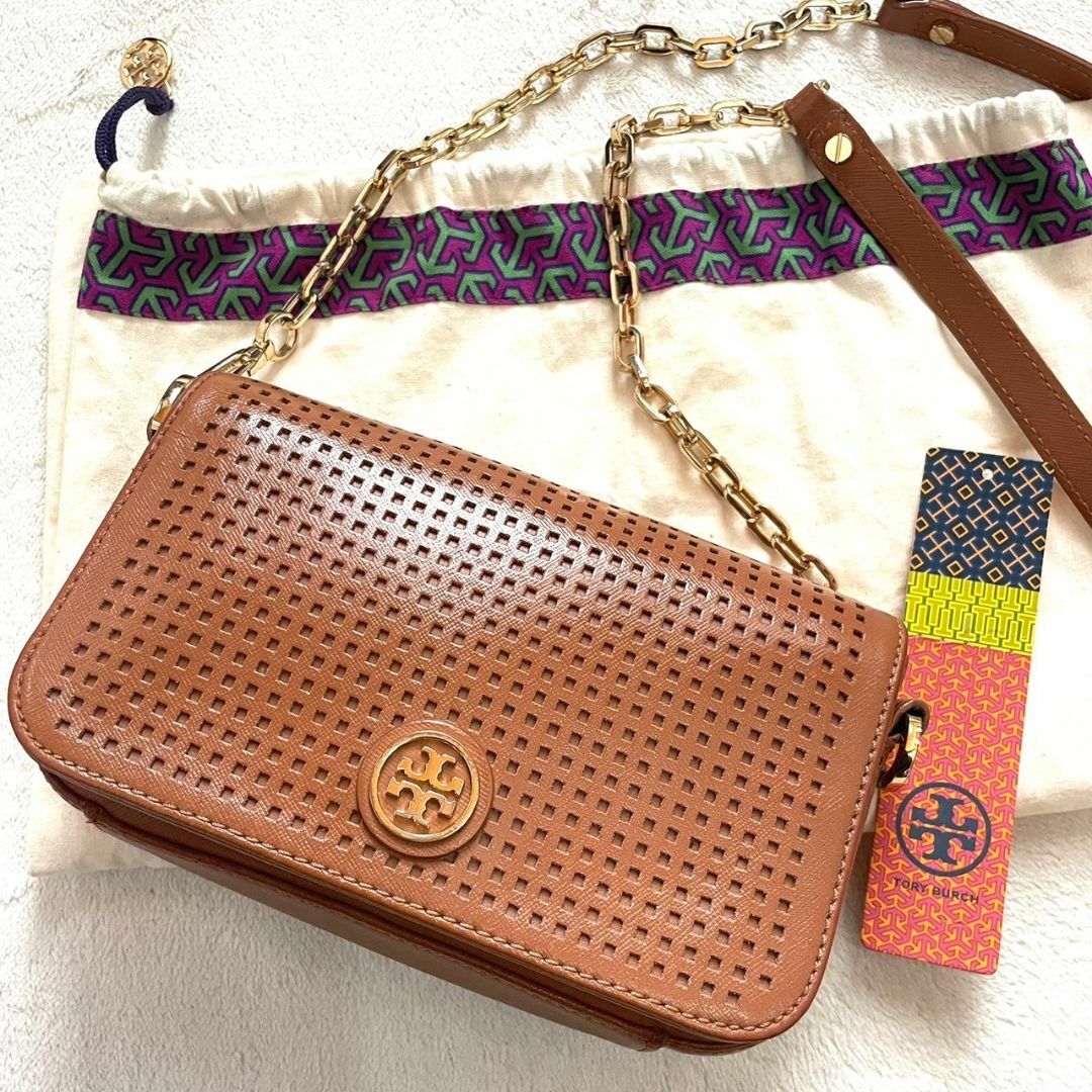 Tory Burch(トリーバーチ)の美品 トリーバーチ ショルダーバッグ ロビンソン パンチング チェーン ブラウン レディースのバッグ(ショルダーバッグ)の商品写真