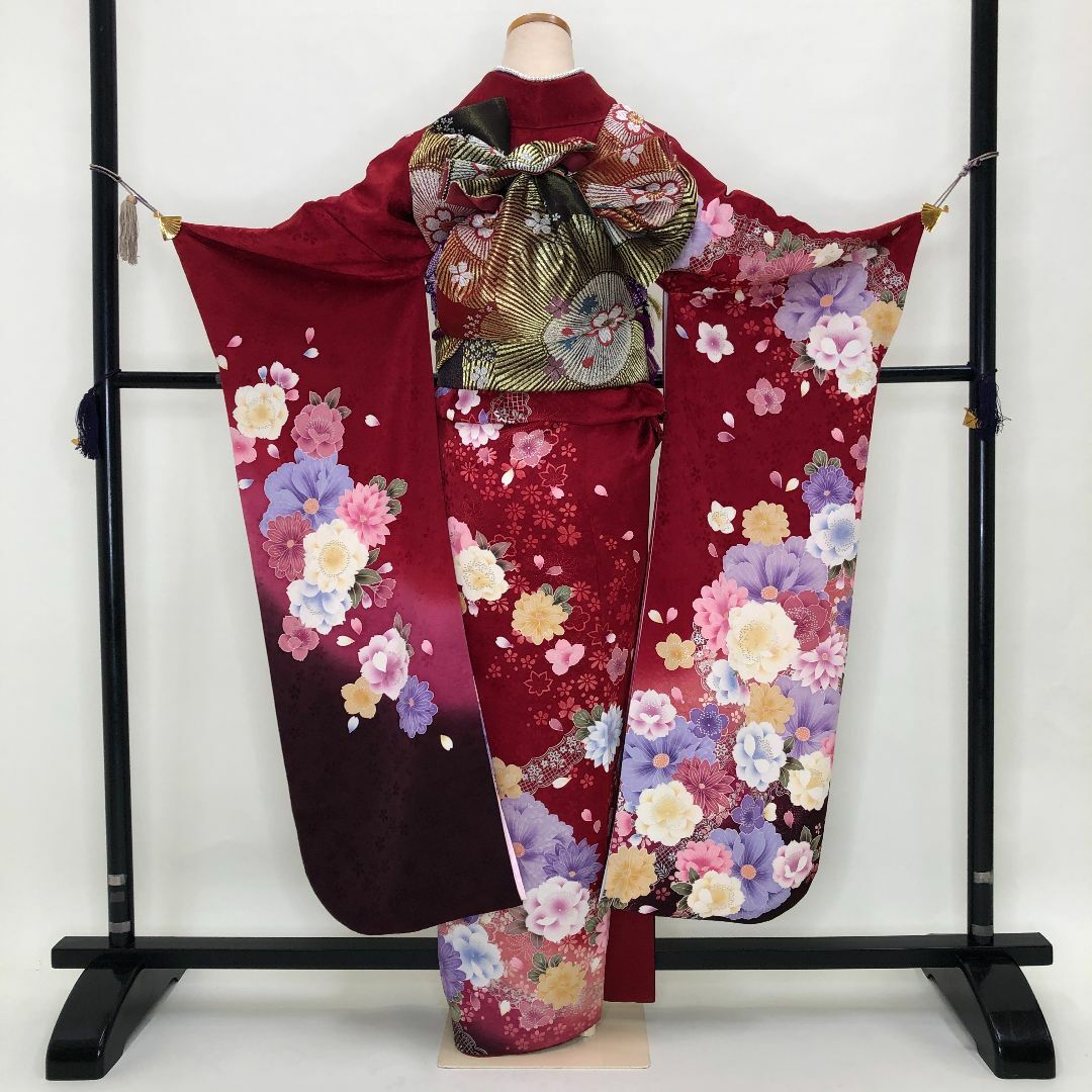 振袖6点セット 成人式 正絹 赤色 紫 裄69.5cm S-153 レディースの水着/浴衣(振袖)の商品写真