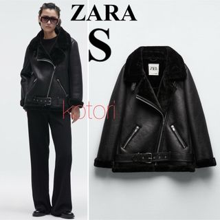 ザラ(ZARA)の新品　2023ss ZARA ファー　ダブル　コート　ジャケット　S 黒(ライダースジャケット)