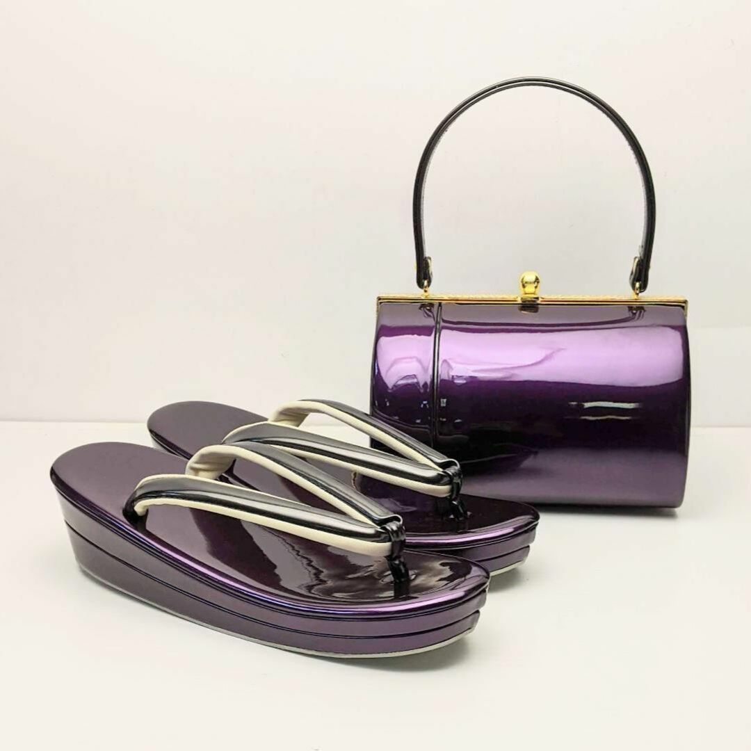 約24cm台の幅和装 草履 バッグ セット エナメル パープル 紫 フリーサイズ u63