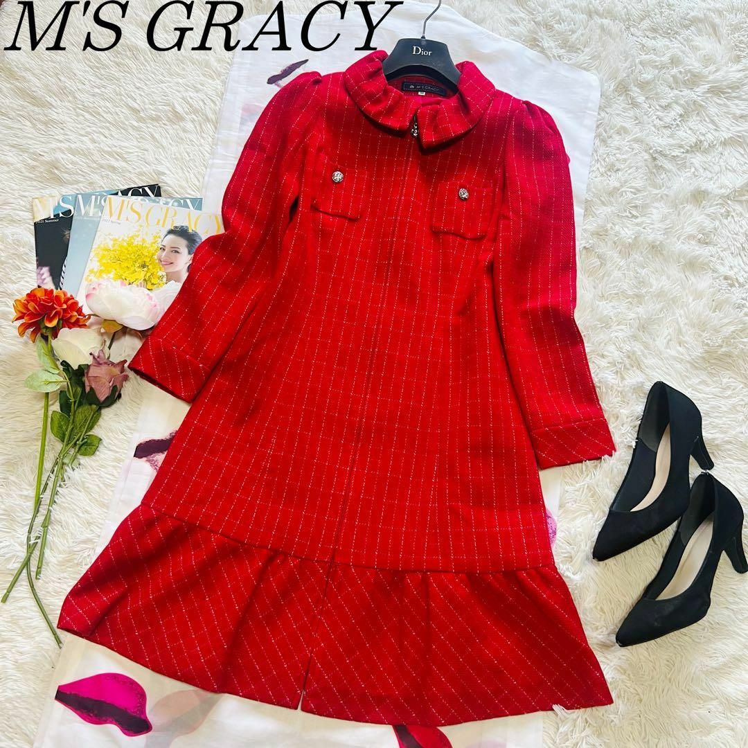 M'S GRACY(エムズグレイシー)の【美品】M'S GRACY コートワンピース レッド 38 膝丈 長袖 ビジュー レディースのワンピース(ひざ丈ワンピース)の商品写真