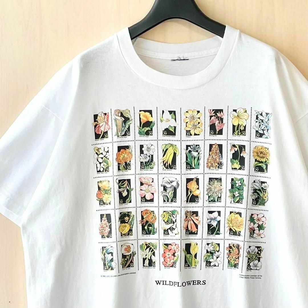 ホワイト☑素材90s　ヴィンテージ　USPS 郵便切手Tシャツ　花切手　色々な切手