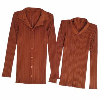 プリーツプリーズイッセイミヤケ(PLEATS PLEASE ISSEY MIYAKE)の美品 プリーツプリーズ イッセイミヤケ PLEATS PLEASE アンサンブル シャツ ブラウス プリーツ トップス レディース 3(L相当) ブラウン(シャツ/ブラウス(長袖/七分))