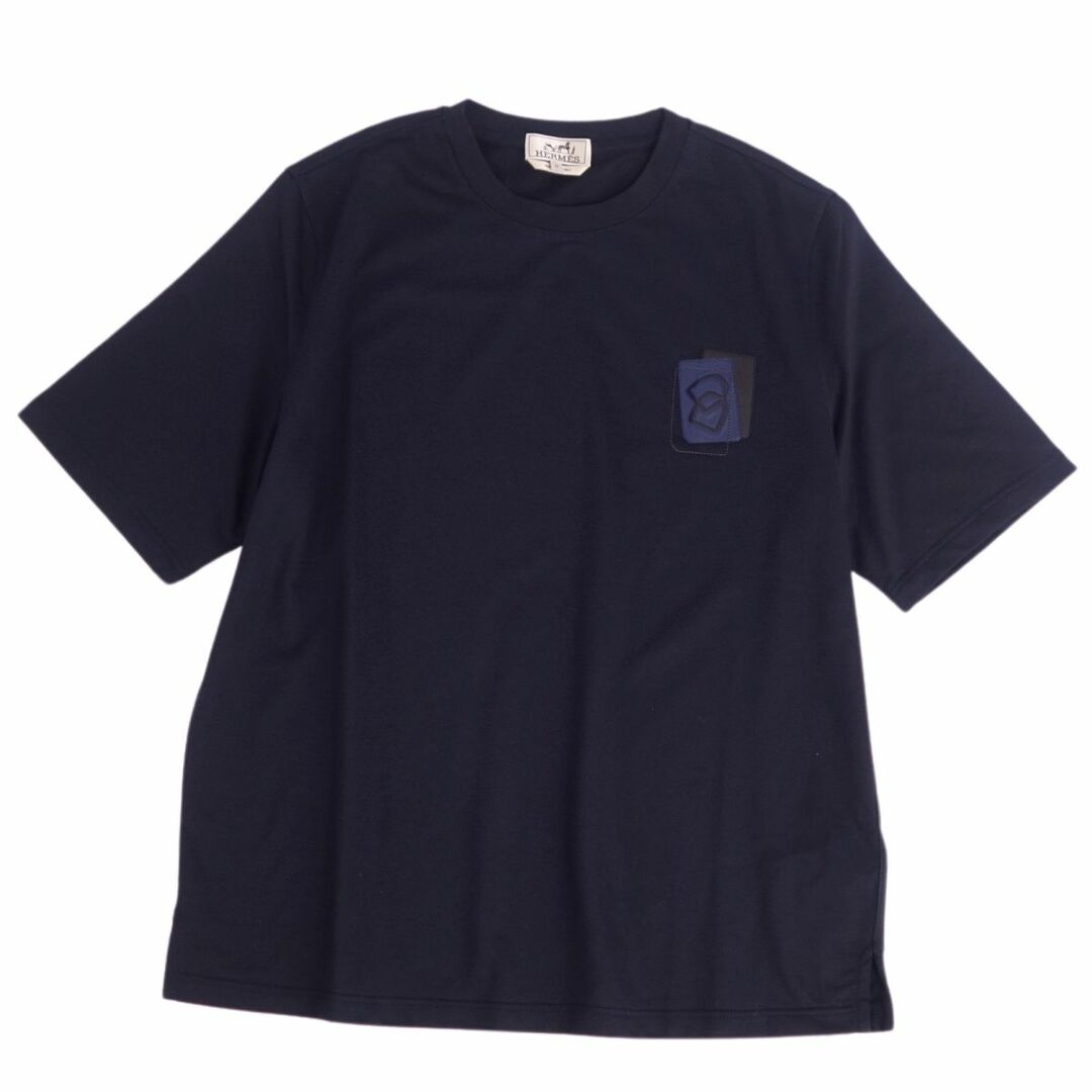 春夏付属品未使用 エルメス HERMES Tシャツ カットソー 23AW 半袖 ショートスリーブ ミニレザーパッチ トップス メンズ M ネイビー