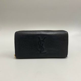 サンローラン(Saint Laurent)の極 美品 YVES SAINT LAURENT イヴ・サンローラン ロゴ ステッチ 金具 レザー 本革 ラウンドジップ 長財布 ウォレット ブラック 45915(財布)