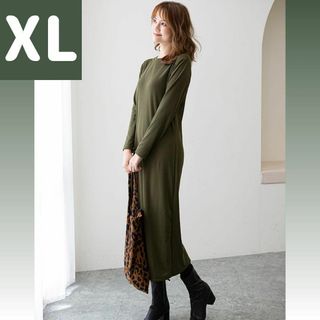 【カーキ：XL】スウェット ロング ワンピース クルーネック 楽ちん きれいめ(ロングワンピース/マキシワンピース)