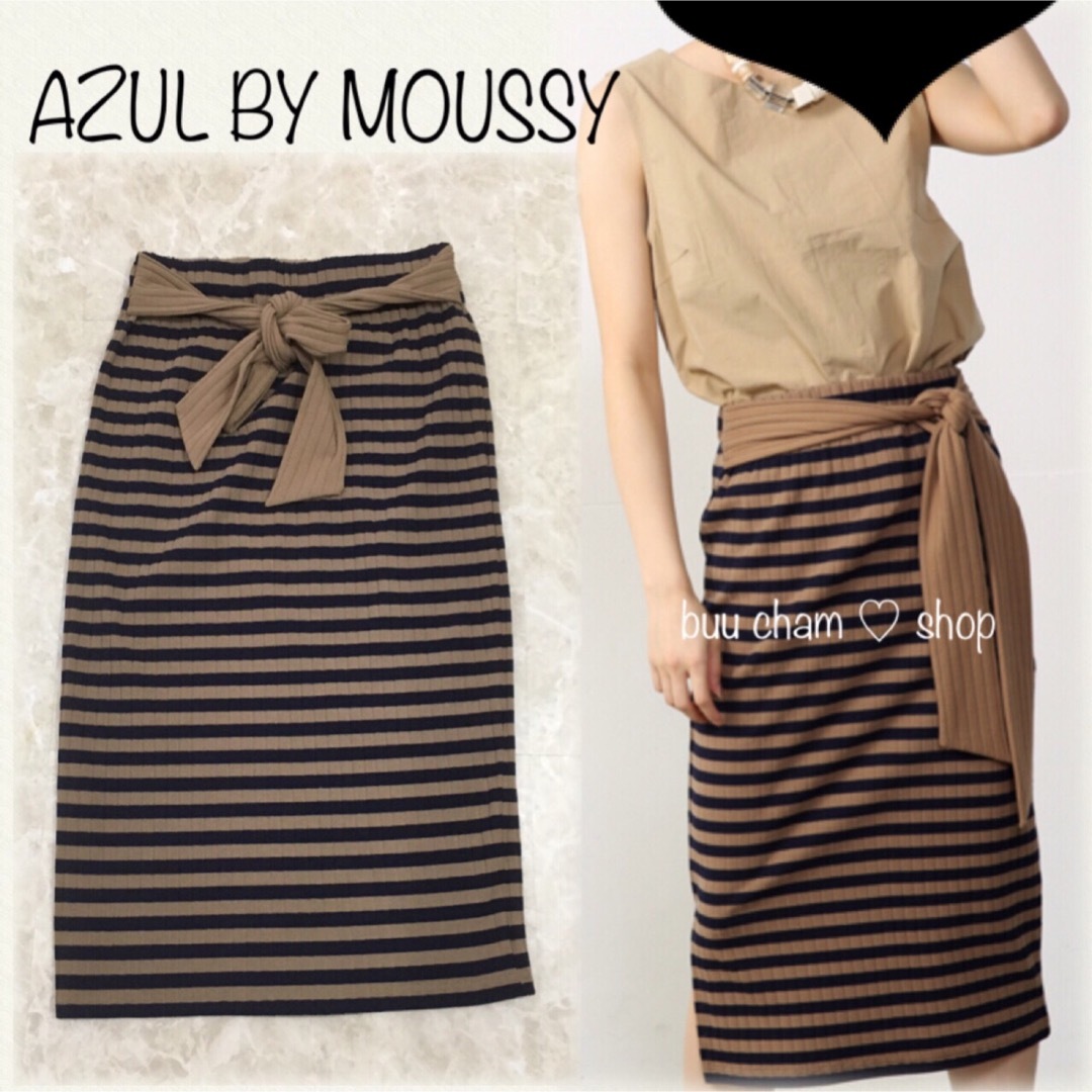 AZUL by moussy(アズールバイマウジー)のAZUL BY MOUSSY♡ウエストリボン ボーダータイトスカート　スリット レディースのスカート(ひざ丈スカート)の商品写真