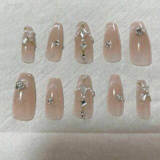 【ネイルチップ】付け爪、ピンク、ダイヤ、パール、ラメ、シール付き　かわいい