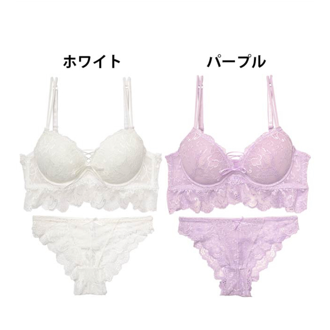 ロマンティックフリルレースアップブラジャー&ショーツ、新品未使用タグ付き レディースの下着/アンダーウェア(ブラ&ショーツセット)の商品写真