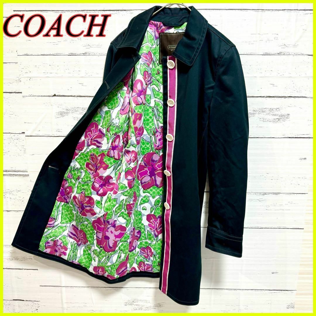COACH(コーチ)の【極美品】COACH コーチ ステンカラーコート トレンチコート 花柄 XS 黒 レディースのジャケット/アウター(トレンチコート)の商品写真