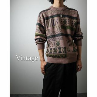 アートヴィンテージ(ART VINTAGE)の【vintage】幾何学 総柄 デザイン ウール ニット セーター くすみピンク(ニット/セーター)