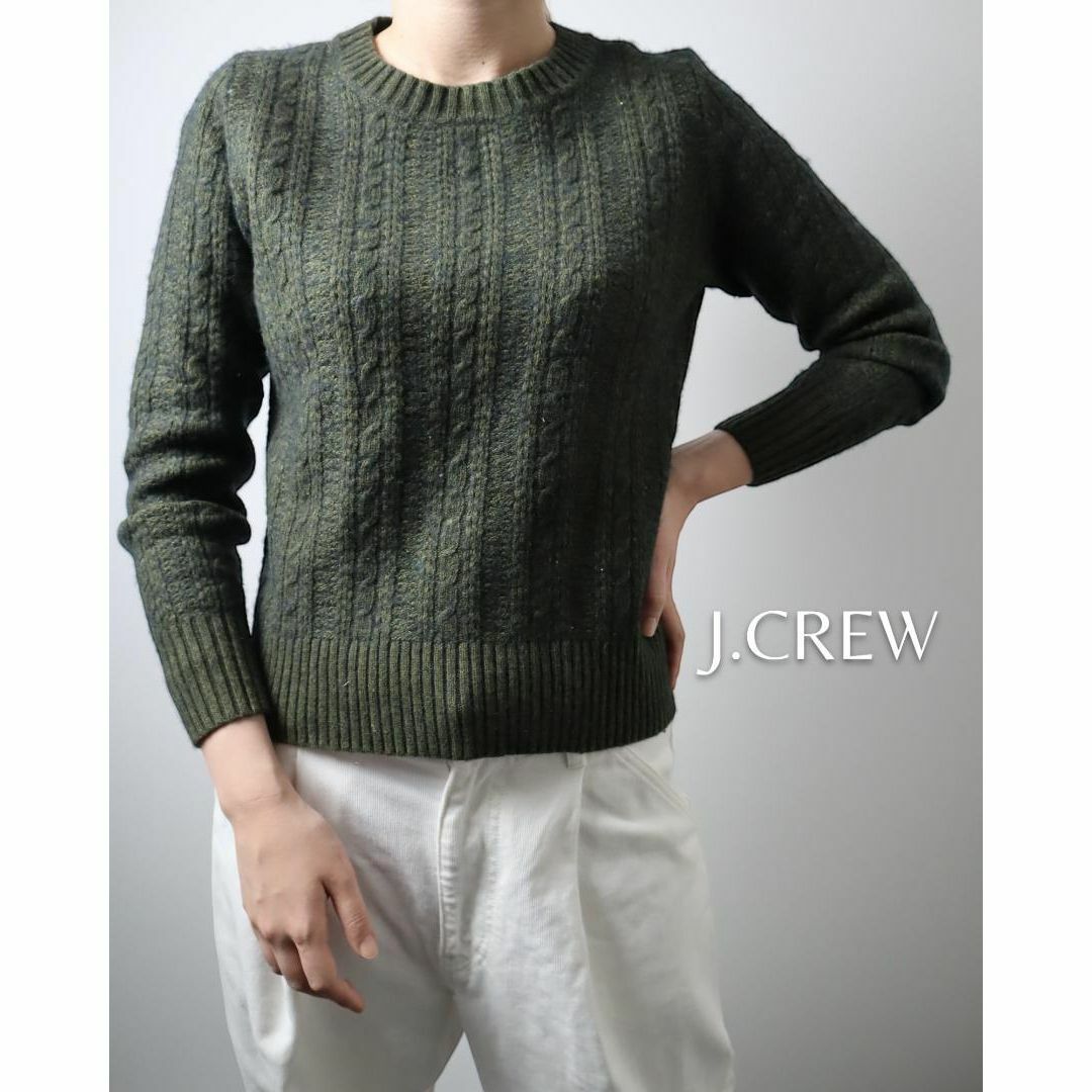 J.Crew(ジェイクルー)の【J.CREW】ウール混 ケーブル 多色織 クルーネック ニット セーター 深緑 レディースのトップス(ニット/セーター)の商品写真