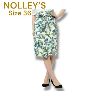 ノーリーズ(NOLLEY'S)のNOLLEYSノーリーズ　リーフ柄タイトスカート膝丈　グリーン　レディース36(ひざ丈スカート)