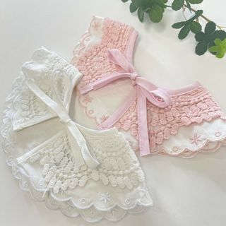 ベビー フリルスタイ リボン レース 刺繍エプロン 付け襟 女の子p10(ベビースタイ/よだれかけ)